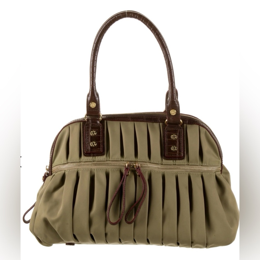 MZ Wallace Bea Green Shoulder Bag Brown Leather Trim Gold Tone Hardware
